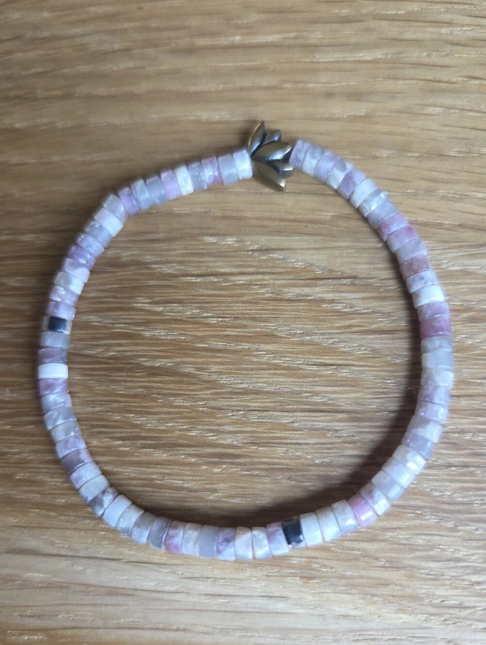 Tourmaline & Lepidolite Beaded Stretch Bracelet with Lotus Accent | Handmade